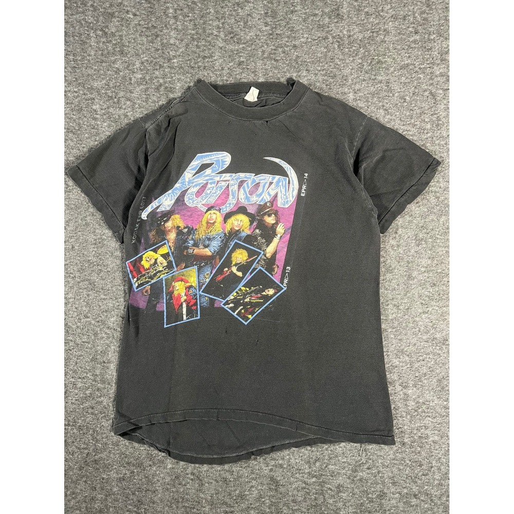 Vintage 80s Poison Open Up and Say Ahh Band T-Shirt Black Metal Rock Large